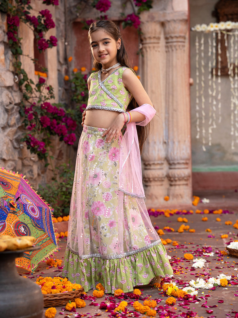 Pspeaches 3-Piece Olive Green Cotton Lehenga, Choli And Dupatta (L25010009)