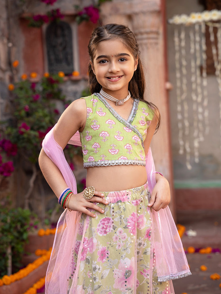 Pspeaches 3-Piece Olive Green Cotton Lehenga, Choli And Dupatta (L25010009)