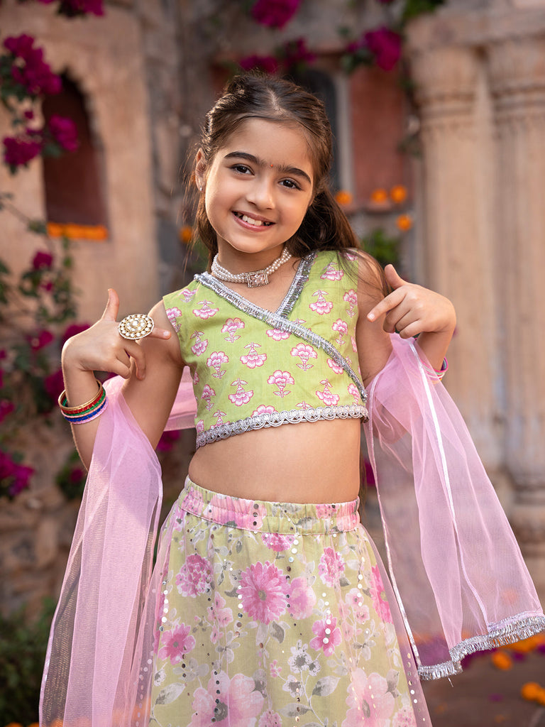 Pspeaches 3-Piece Olive Green Cotton Lehenga, Choli And Dupatta (L25010009)