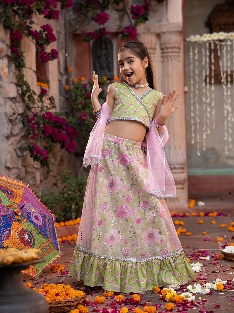 Pspeaches 3-Piece Olive Green Cotton Lehenga, Choli And Dupatta (L25010009)