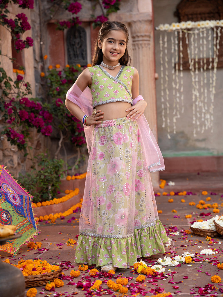 Pspeaches 3-Piece Olive Green Cotton Lehenga, Choli And Dupatta (L25010009)