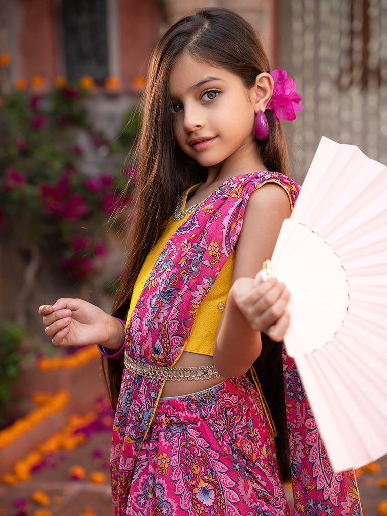 Pspeaches 2-Piece Yellow & Magenta Chiffon Lehenga And Dupion Choli with Belt (L25010914)