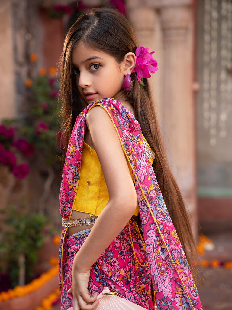 Pspeaches 2-Piece Yellow & Magenta Chiffon Lehenga And Dupion Choli with Belt (L25010914)