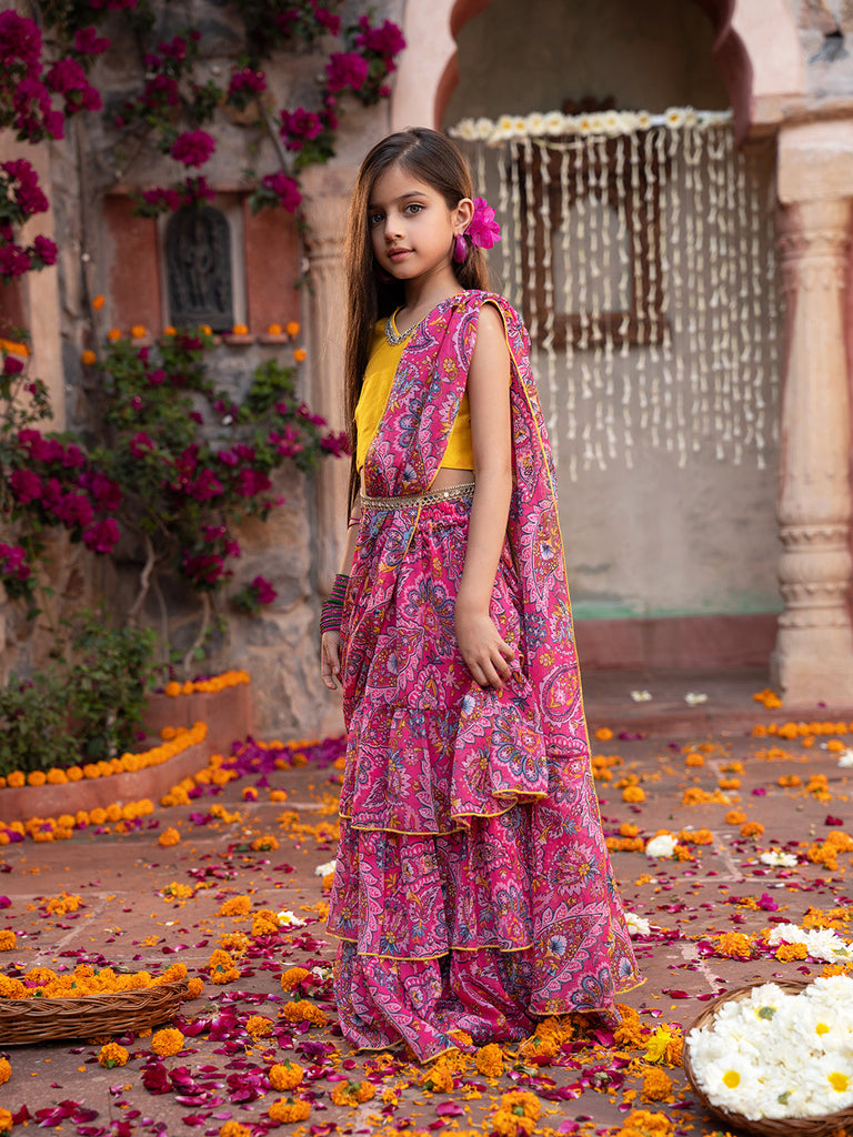 Pspeaches 2-Piece Yellow & Magenta Chiffon Lehenga And Dupion Choli with Belt (L25010914)