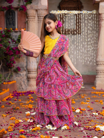 Pspeaches 2-Piece Yellow & Magenta Chiffon Lehenga And Dupion Choli with Belt (L25010914)