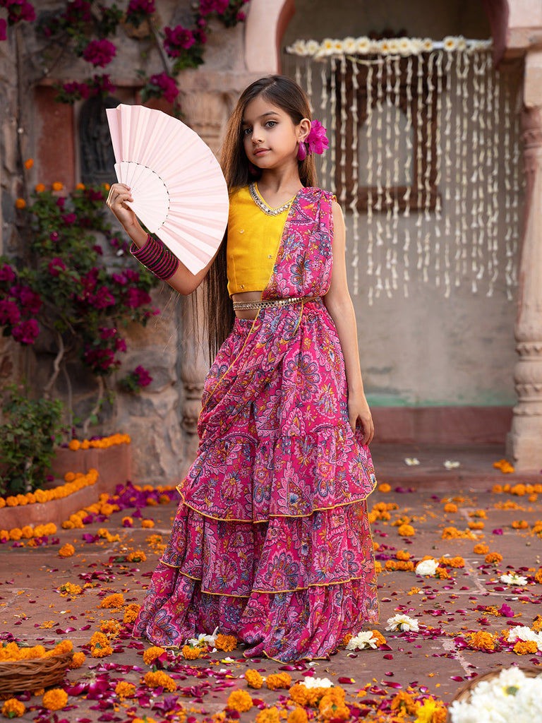 Pspeaches 2-Piece Yellow & Magenta Chiffon Lehenga And Dupion Choli with Belt (L25010914)