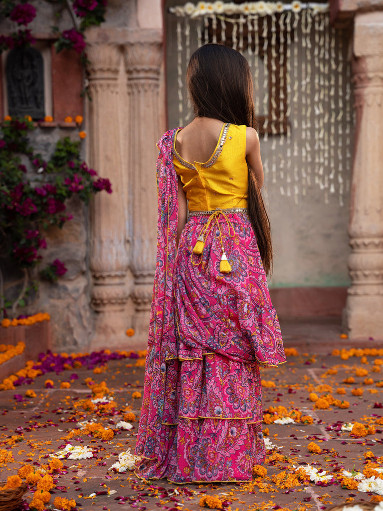 Pspeaches 2-Piece Yellow & Magenta Chiffon Lehenga And Dupion Choli with Belt (L25010914)