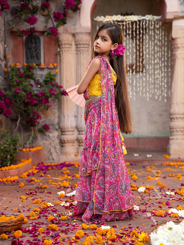 Pspeaches 2-Piece Yellow & Magenta Chiffon Lehenga And Dupion Choli with Belt (L25010914)