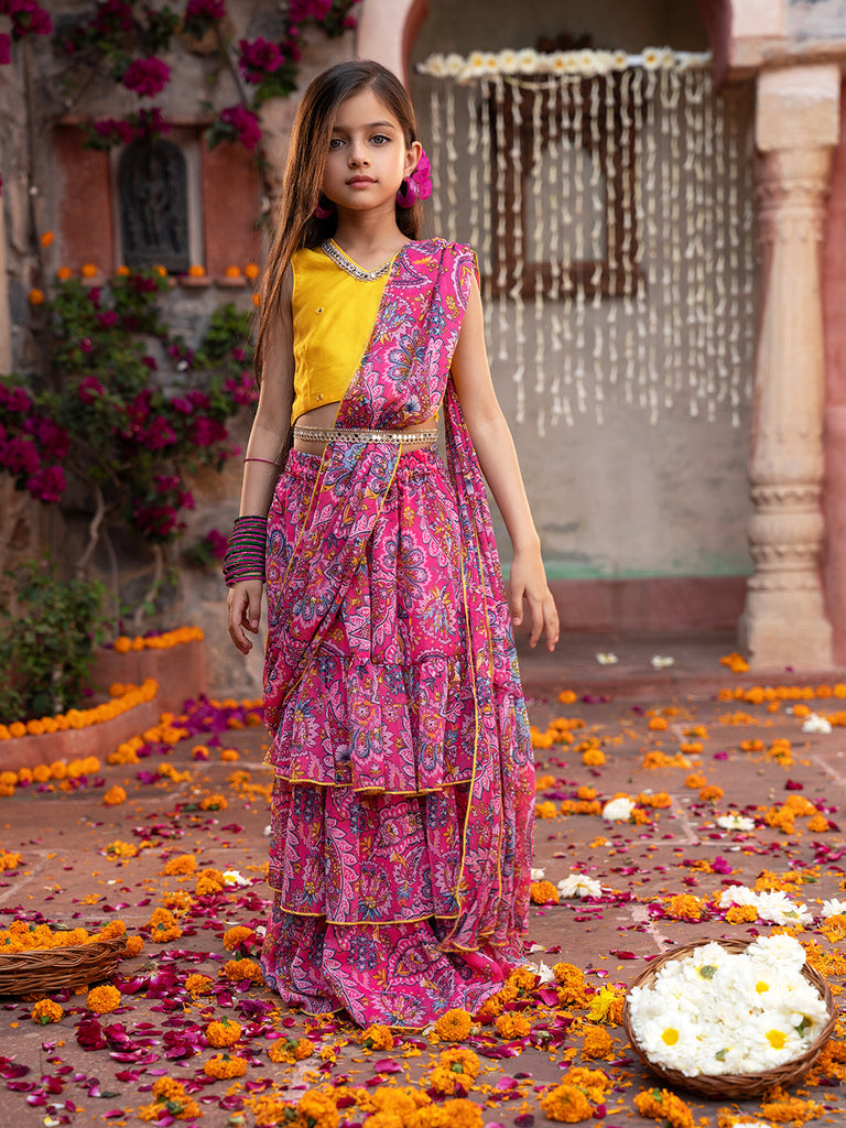 Pspeaches 2-Piece Yellow & Magenta Chiffon Lehenga And Dupion Choli with Belt (L25010914)