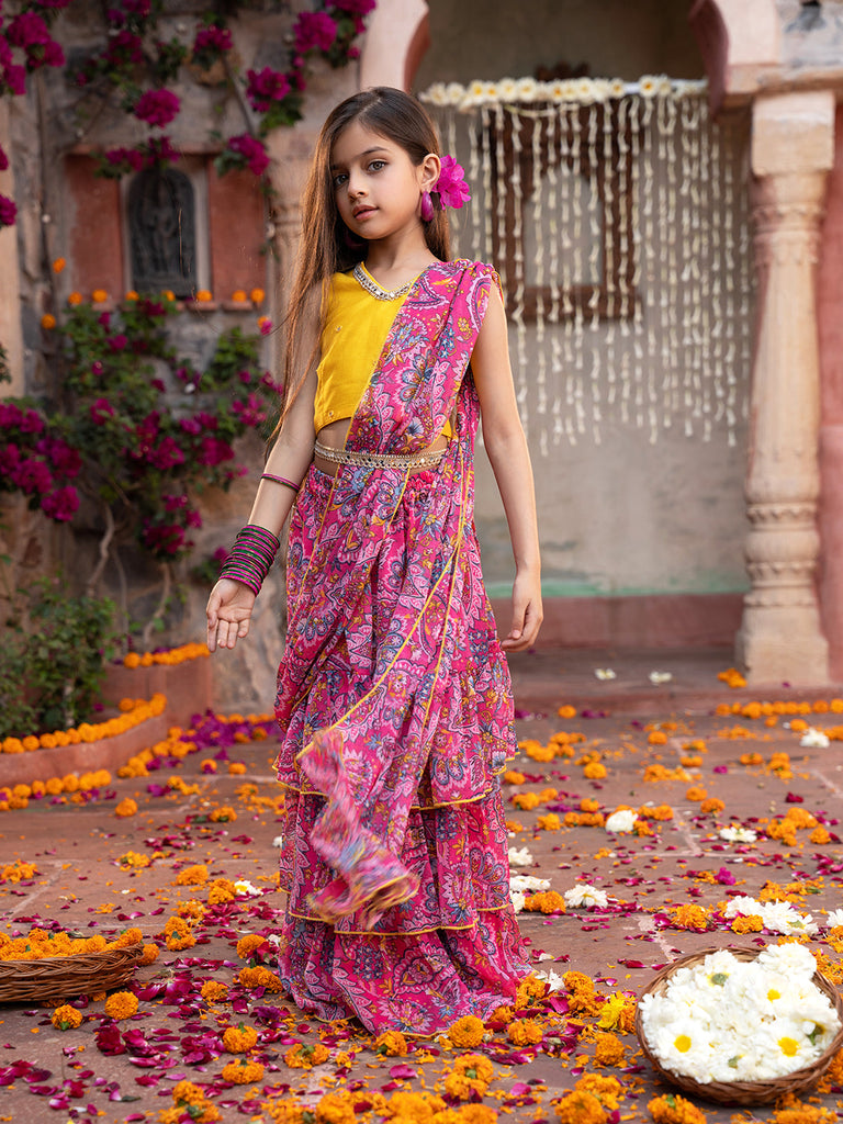 Pspeaches 2-Piece Yellow & Magenta Chiffon Lehenga And Dupion Choli with Belt (L25010914)
