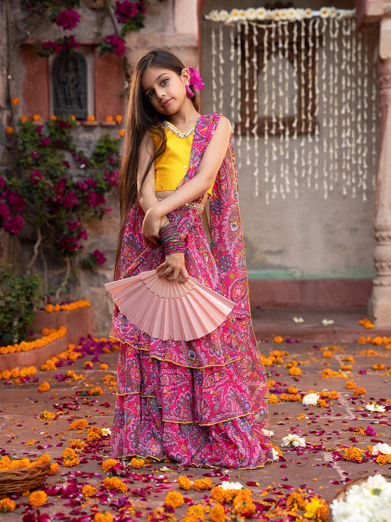 Pspeaches 2-Piece Yellow & Magenta Chiffon Lehenga And Dupion Choli with Belt (L25010914)