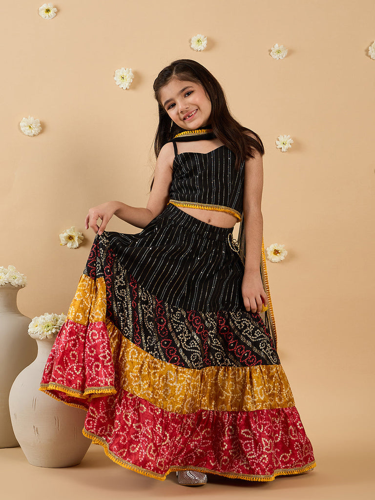 3-Piece Black Cotton Slik Lehenga, Choli And Dupatta (L25012118)