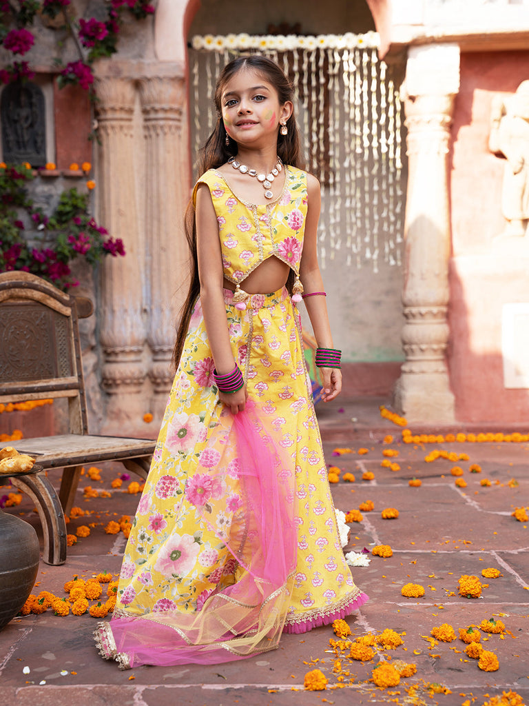 Pspeaches 3-Piece Yellow Cotton Lehenga, Choli And Dupatta (L25016826)