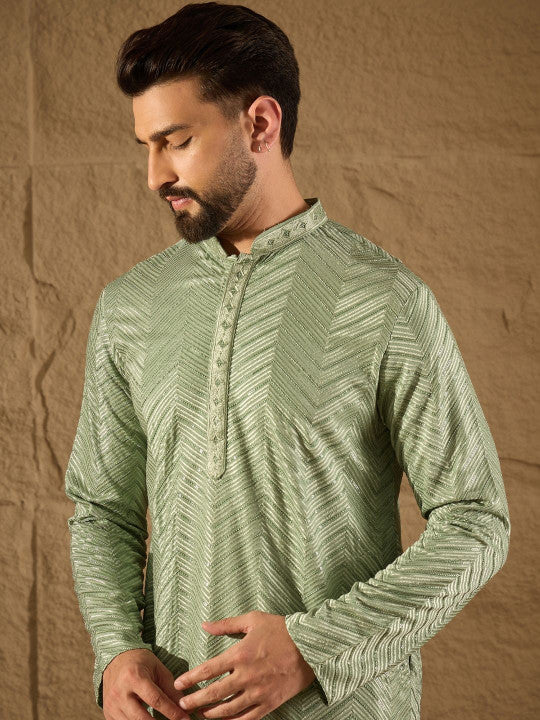 House of Pataudi Chevron Embroidered Mandarin Collar Straight Kurta & Trousers