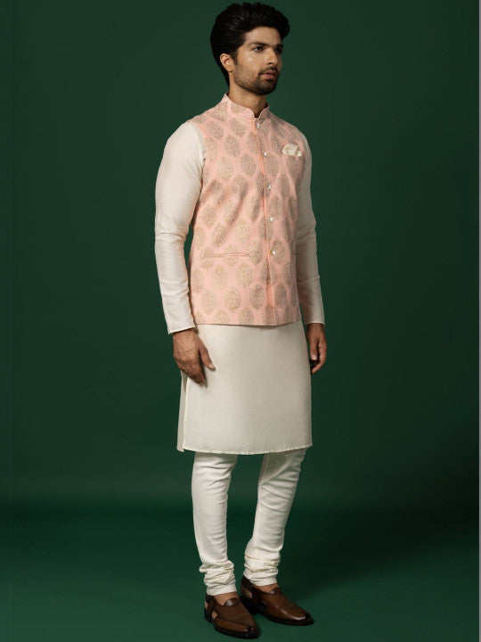 KISAH Men Printed Kurta Nehru Jacket Churidar Set