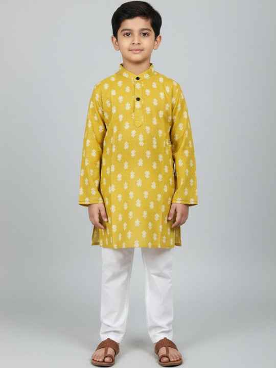 Boys Printed Cotton Mandarin Collar Straight Kurta Set