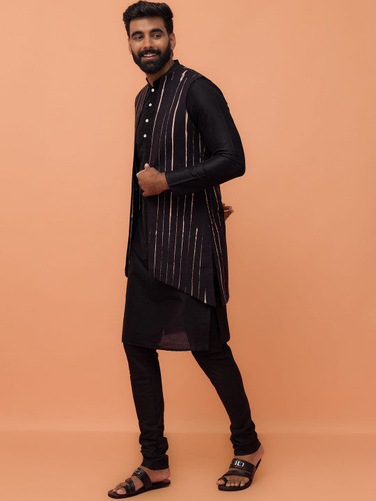 KISAH Mandarin Collar Straight Kurta with Churidar & Printed Jacket