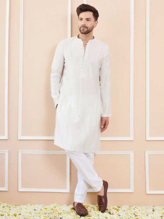 Striped Embroidered Thread Work Chanderi Silk Straight Kurta With Pyjamas