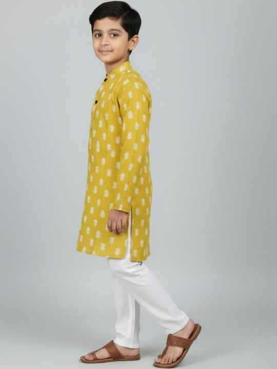 Boys Printed Cotton Mandarin Collar Straight Kurta Set