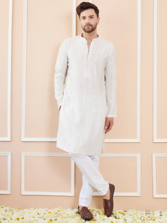 Striped Embroidered Thread Work Chanderi Silk Straight Kurta With Pyjamas