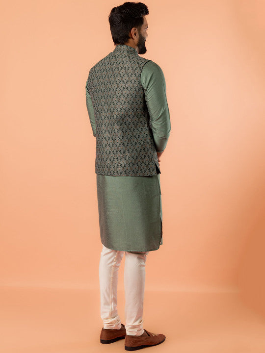 KISAH Mandarin Collar Straight Kurta With Churidar & Woven Design Nehru jacket