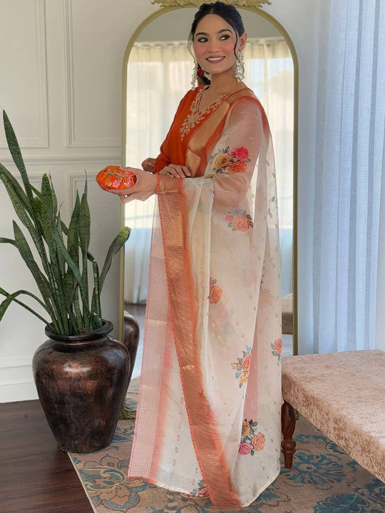VARNI FABRICS Floral Embroidered V-Neck Sequinned Straight Kurta With Trousers And Dupatta - Dhevu