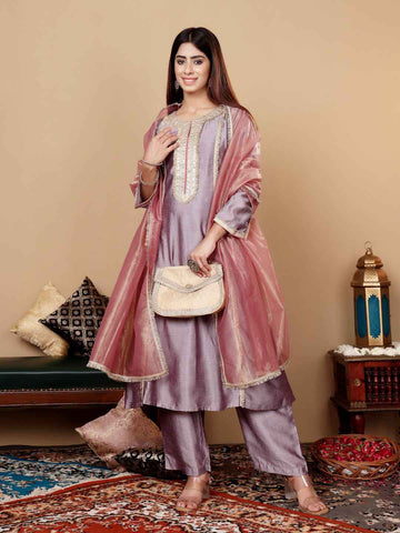 Women Lavender Zari Lace Embellished Anarkali Kurta With Trousers And Tissue Dupatta.