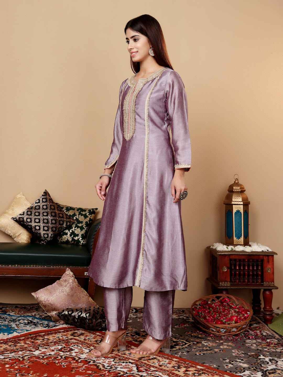 Women Lavender Zari Lace Embellished Anarkali Kurta With Trousers And Tissue Dupatta.