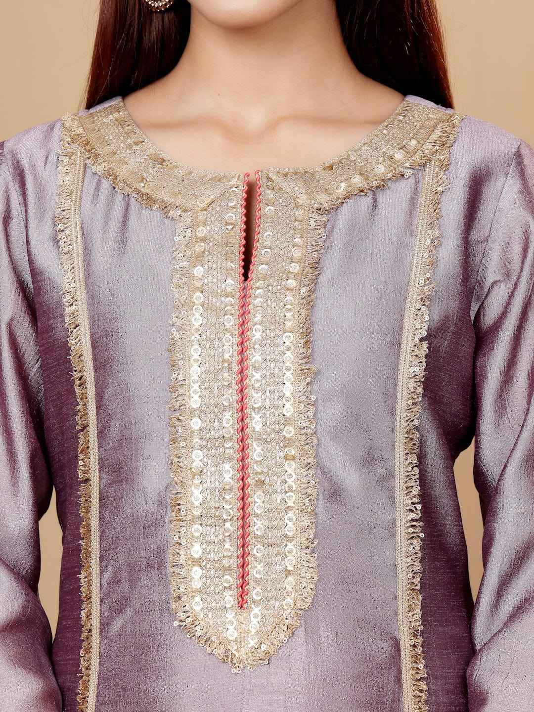 Women Lavender Zari Lace Embellished Anarkali Kurta With Trousers And Tissue Dupatta.
