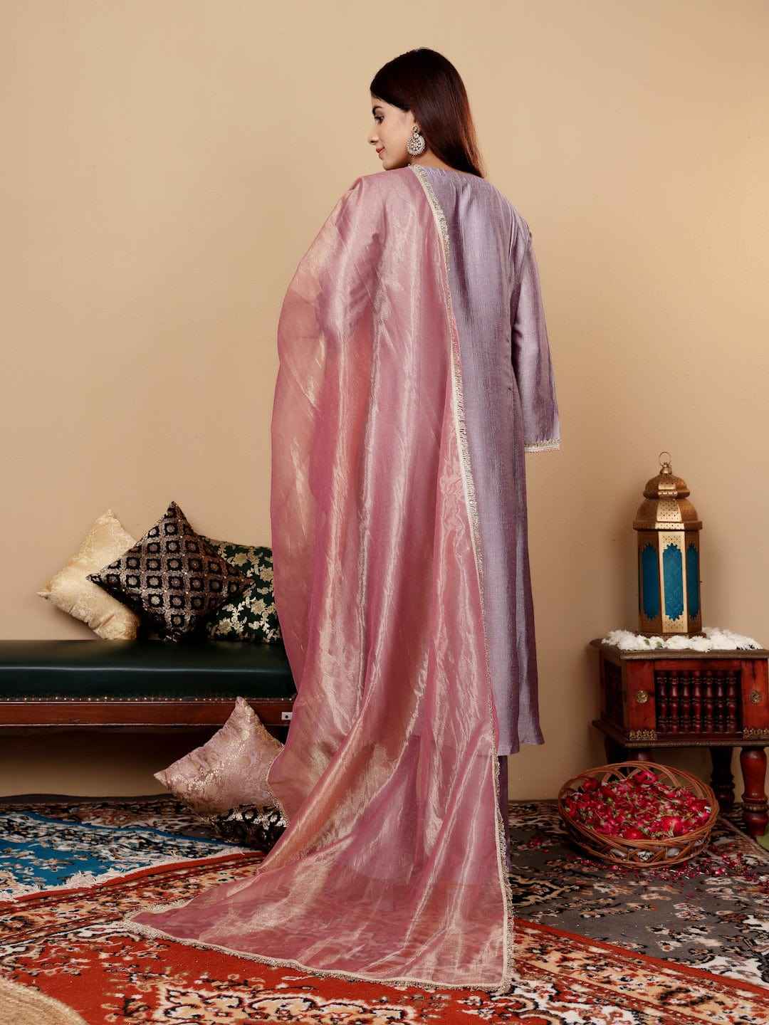 Women Lavender Zari Lace Embellished Anarkali Kurta With Trousers And Tissue Dupatta.