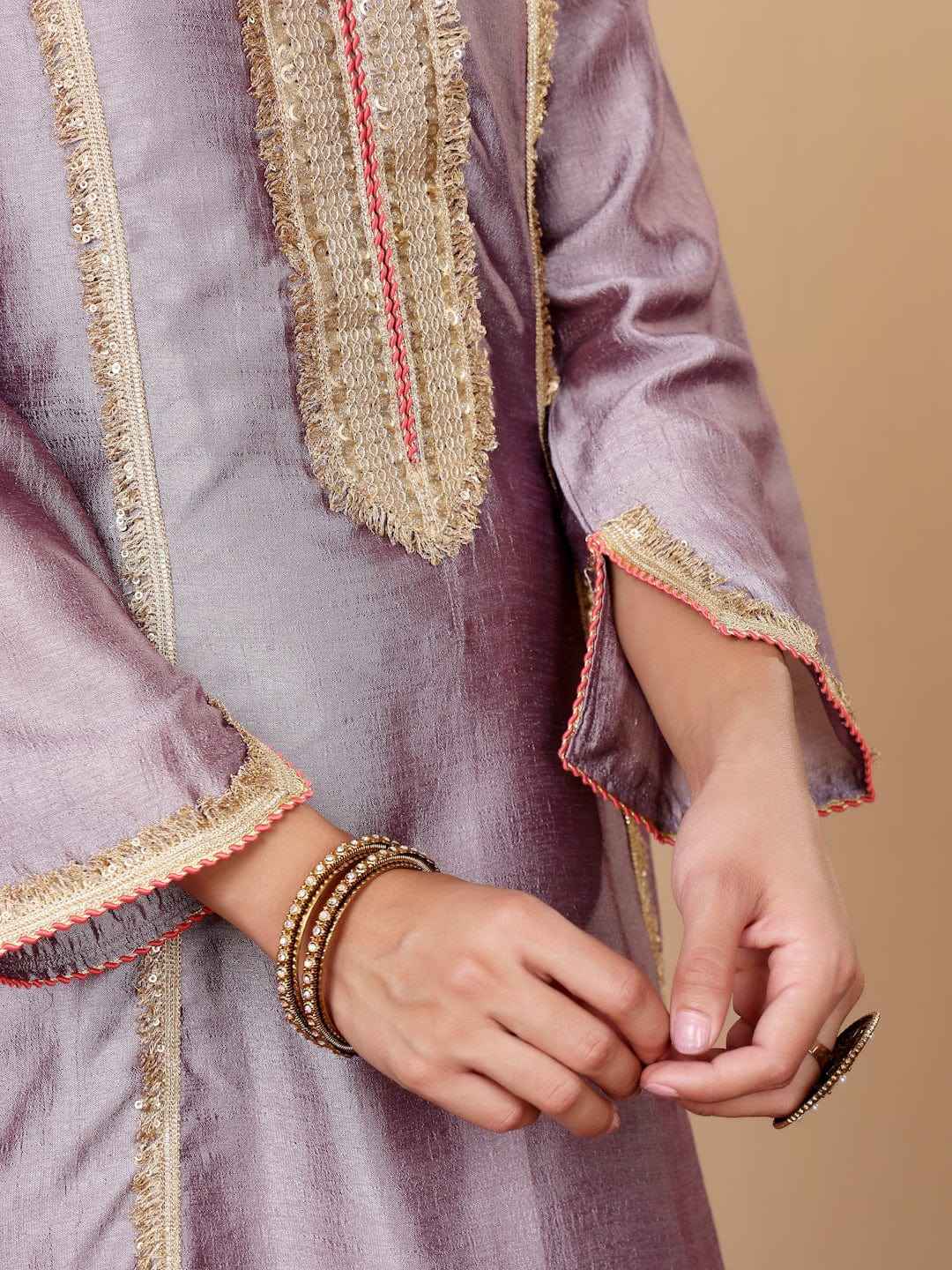 Women Lavender Zari Lace Embellished Anarkali Kurta With Trousers And Tissue Dupatta.