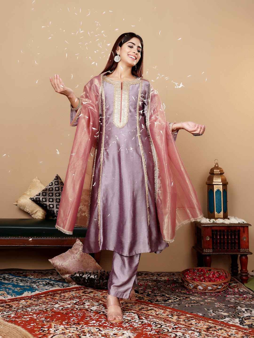 Women Lavender Zari Lace Embellished Anarkali Kurta With Trousers And Tissue Dupatta.