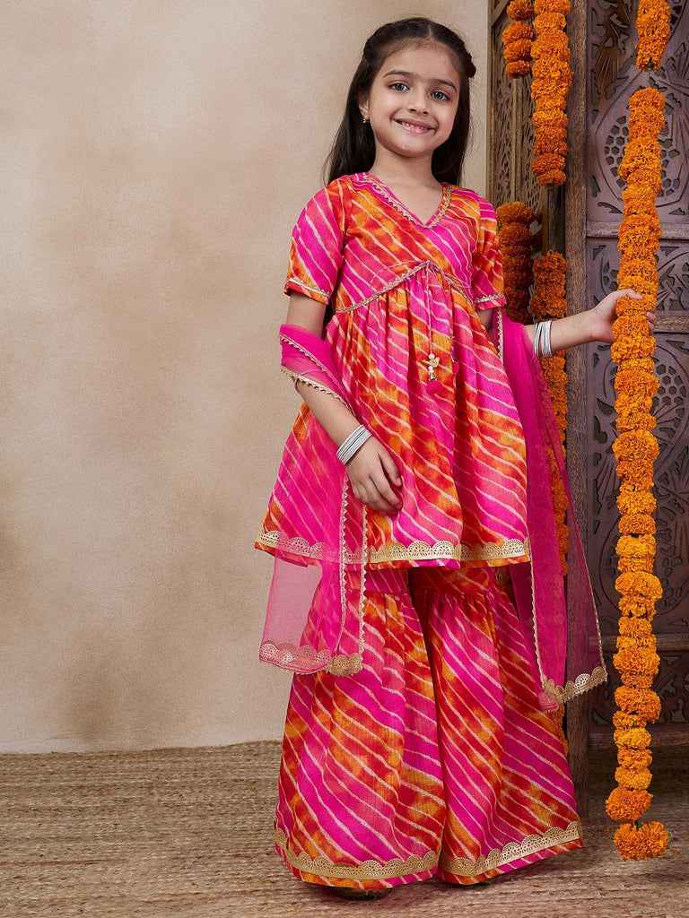 Girls Striped Gotta Patti A-Line Empire Kurti With Sharara Dupatta (SHA-MAGENTASTRIPE)