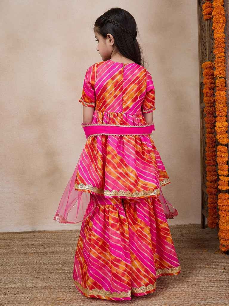 Girls Striped Gotta Patti A-Line Empire Kurti With Sharara Dupatta (SHA-MAGENTASTRIPE)