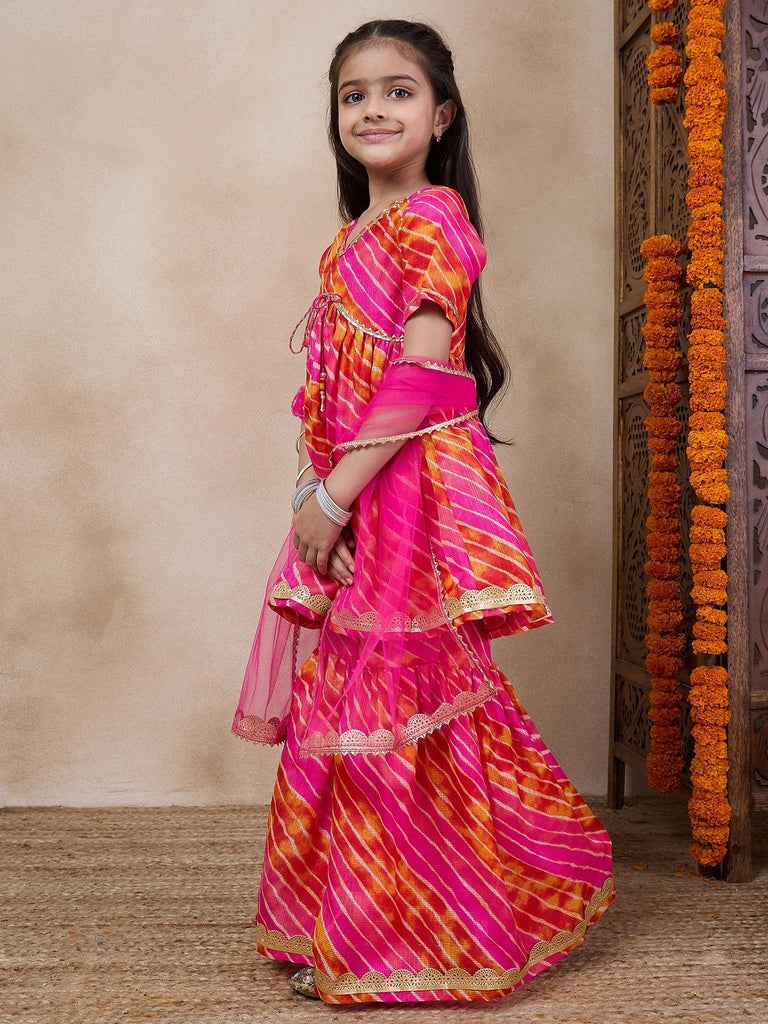 Girls Striped Gotta Patti A-Line Empire Kurti With Sharara Dupatta (SHA-MAGENTASTRIPE)