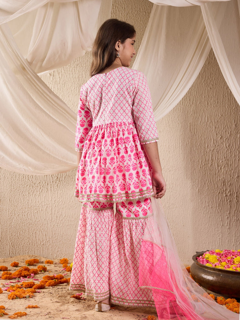 Pspeaches Girls Cotton 3/4th Sleeves V Neck Neck Gota Pati Embellished Lehenga Choli Set with Dupatta for Girls (SHA-NEONMAGENTA)