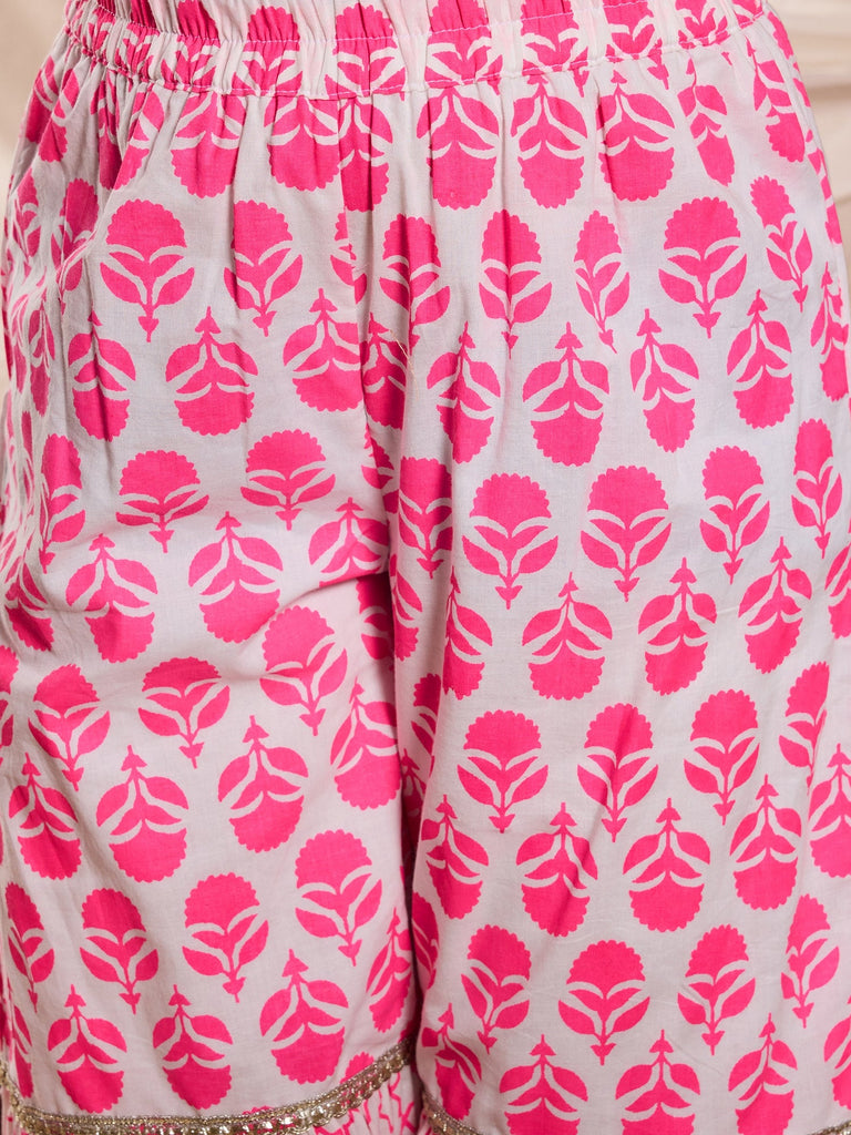 Pspeaches Girls Cotton 3/4th Sleeves V Neck Neck Gota Pati Embellished Lehenga Choli Set with Dupatta for Girls (SHA-NEONMAGENTA)