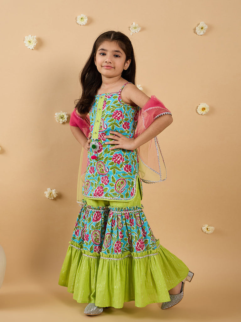 Green Cotton Sharara Set With Dupatta (Sha25016113)