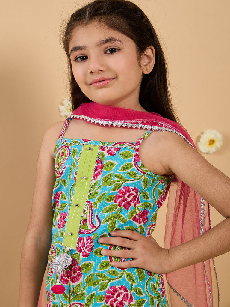 Green Cotton Sharara Set With Dupatta (Sha25016113)