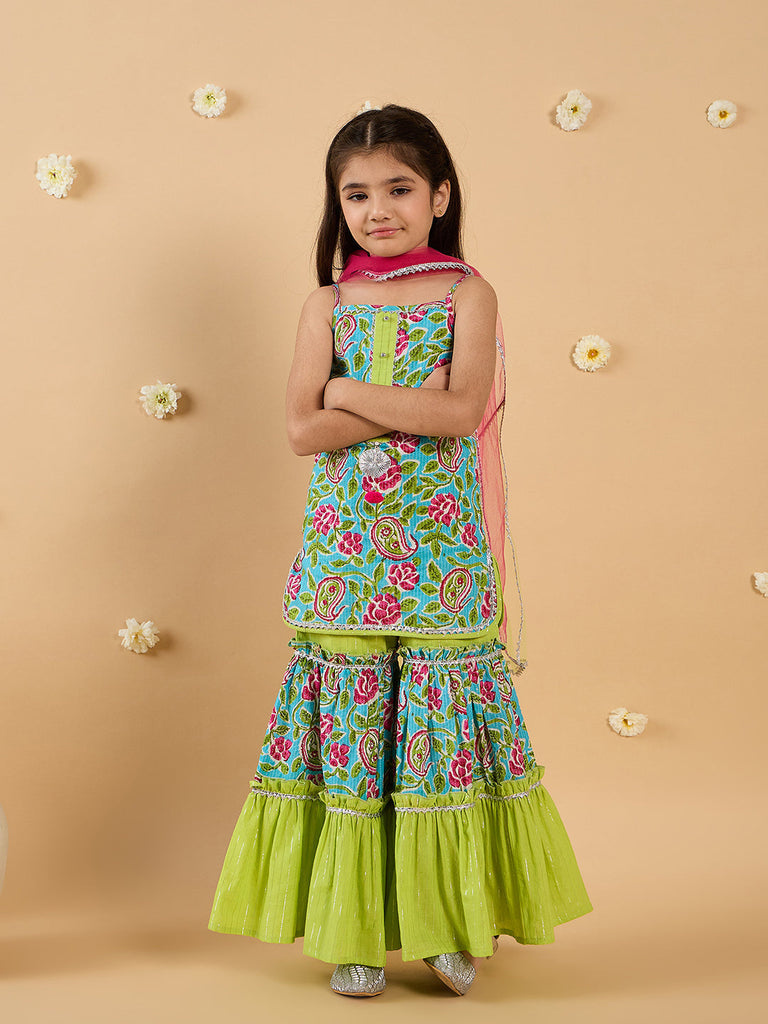 Green Cotton Sharara Set With Dupatta (Sha25016113)