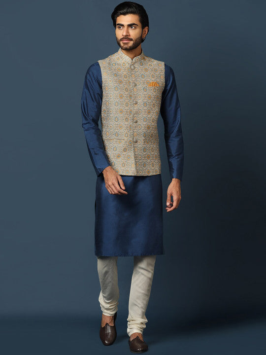 KISAH Mandarin Collar Kurta with Churidar & Printed Nehru Jacket