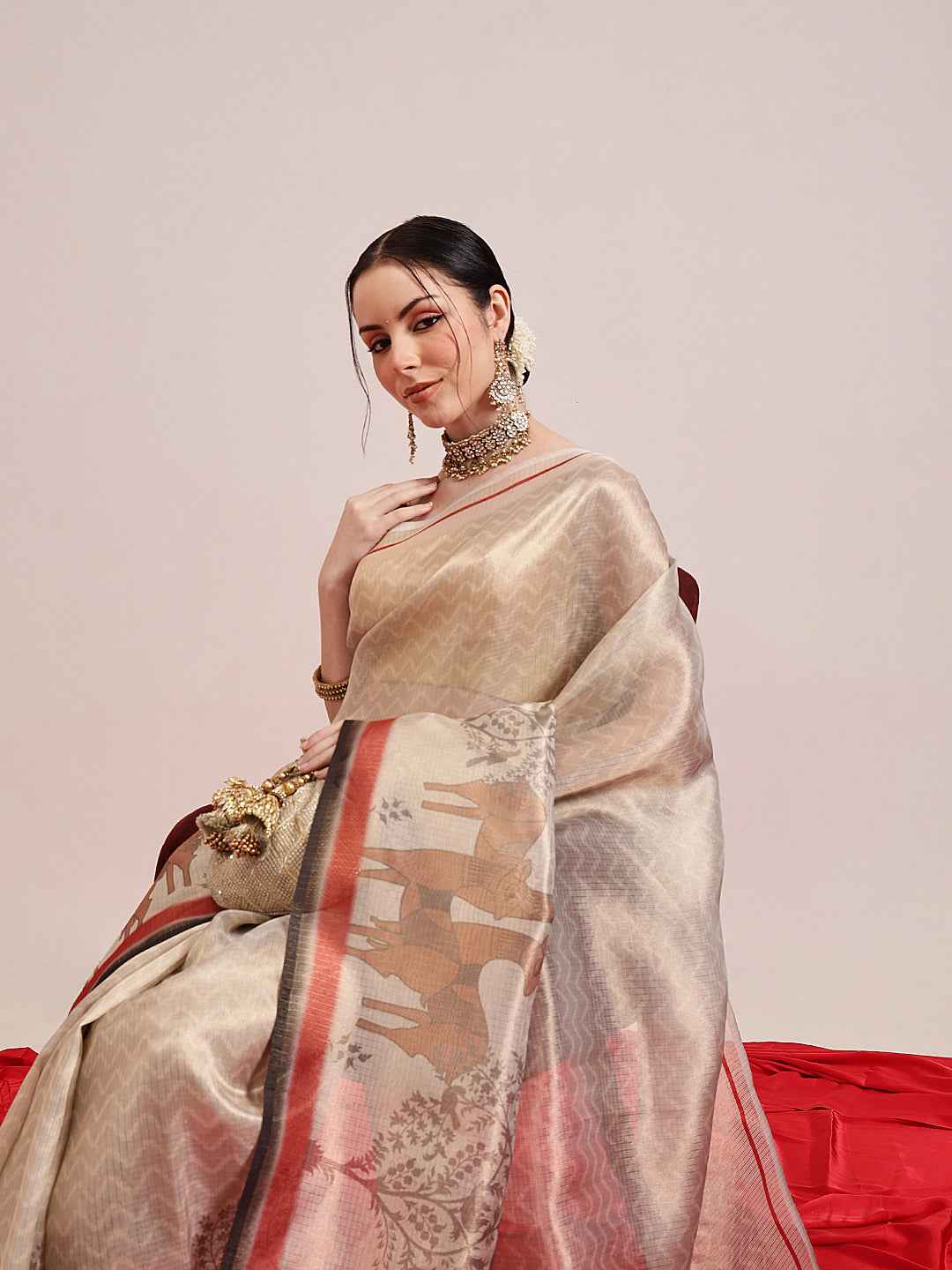 Pichwai Digital Printed Muga Tissue Saree