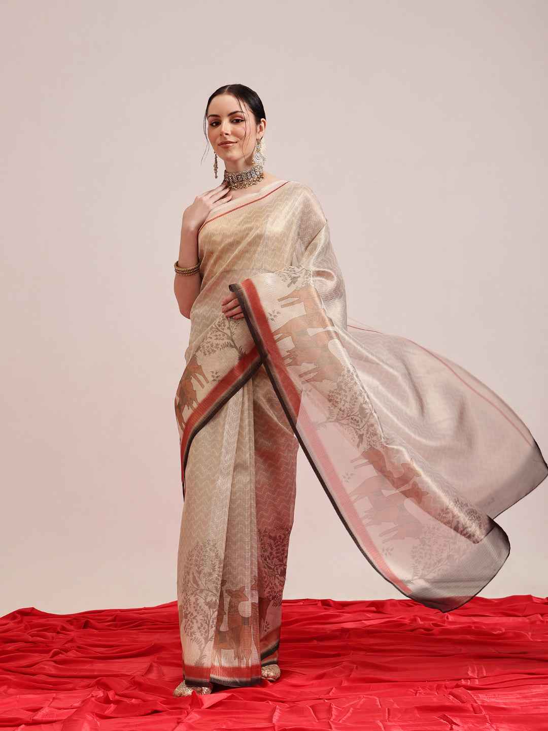 Pichwai Digital Printed Muga Tissue Saree