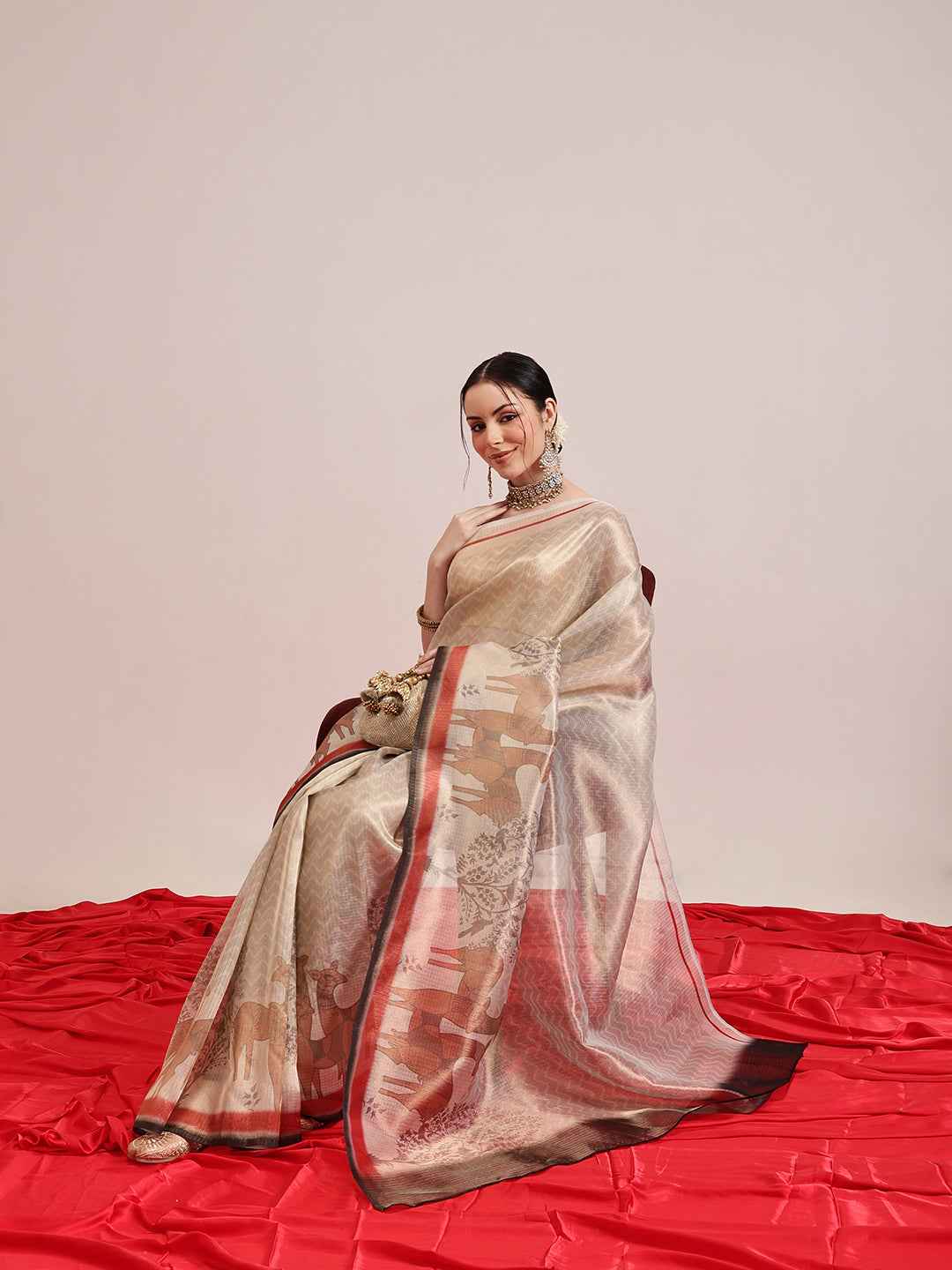 Pichwai Digital Printed Muga Tissue Saree