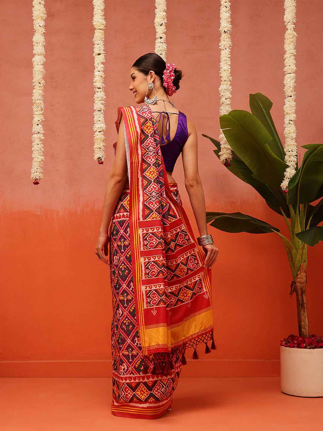 Hyderabadi Double Ikat Patola Soft Silk Saree With Tassels