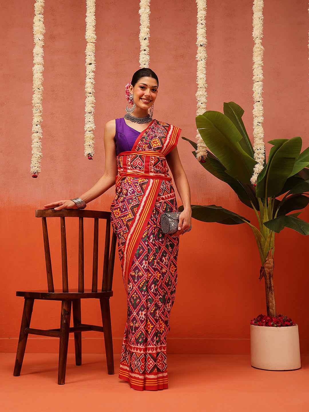 Hyderabadi Double Ikat Patola Soft Silk Saree With Tassels