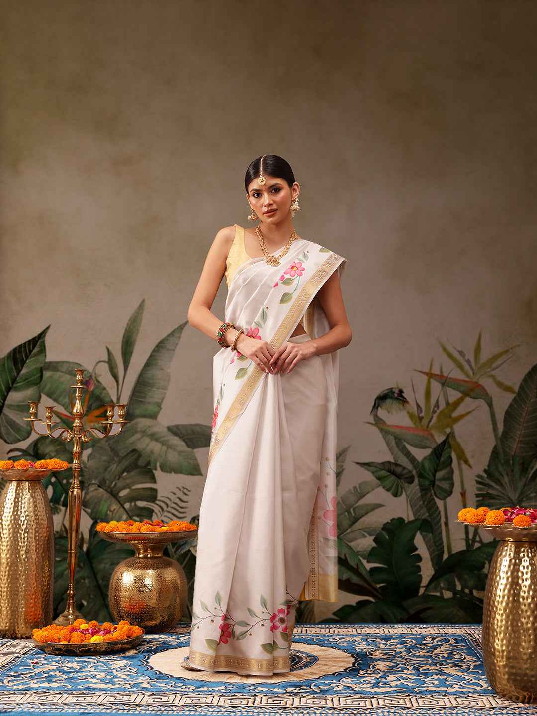 Onam Special Floral Printed Silk Kasavu Saree