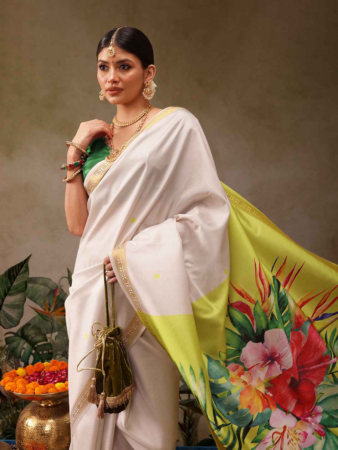 Onam Special Floral Printed Silk Kasavu Saree