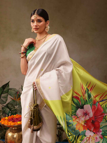 Onam Special Floral Printed Silk Kasavu Saree