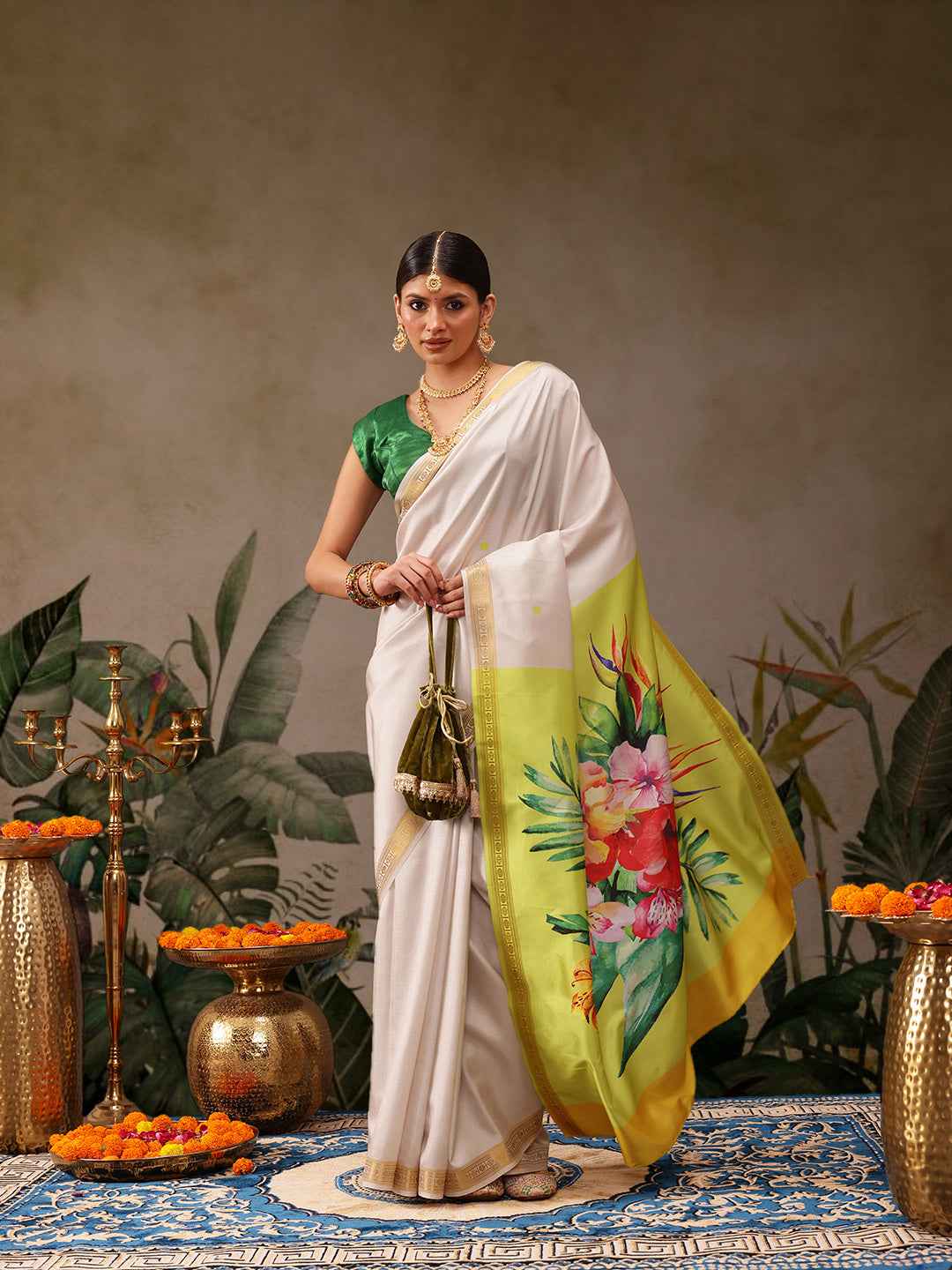 Onam Special Floral Printed Silk Kasavu Saree